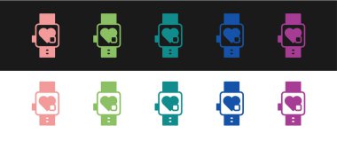 Siyah ve beyaz arkaplanda kalp atışı simgesini gösteren Smart saatini ayarla. Fitness uygulaması konsepti. Vektör