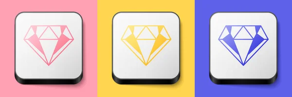 Изометрическая иконка Diamond выделена на розовом, желтом и синем фоне. Ювелирный символ. Драгоценный камень. Кнопка квадратная Вектор — стоковый вектор