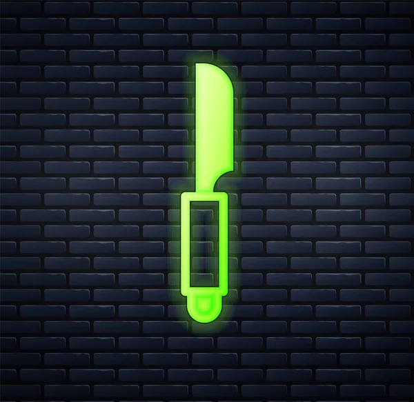 Icono de cuchillo de neón brillante aislado en el fondo de la pared de ladrillo. Símbolo de cubertería. Vector — Vector de stock