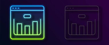 Parlak neon hattı Browser 'ın borsa büyüme grafikleri ve kara fon üzerinde izole edilmiş para simgesi var. Ekranda ok grafikleri olan bir monitör. Vektör