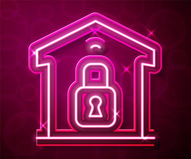 Parlayan neon hattı kapalı depo simgesi kırmızı arkaplanda izole edildi. Vektör