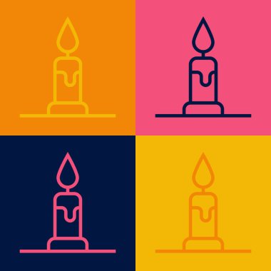 Pop sanat çizgisi, mum yakma ikonu renkli arkaplanda izole edilmiş. Silindirik mum çubuğu ve yanan ateş. Vektör