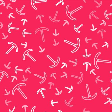 Beyaz çizgili Kazma simgesi kırmızı arkaplanda izole edilmiş. Vektör