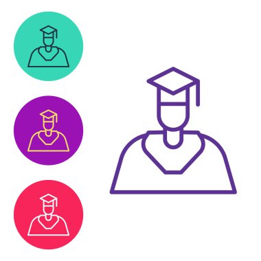 Mezuniyet ve mezuniyet başlığı simgesi beyaz arkaplanda izole edildi. Simgeleri renklendirin. Vektör