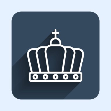 Beyaz çizgi Kral taç ikonu uzun gölge arkaplan izole. Mavi kare düğme. Vektör