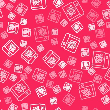 Fizik ikonu hakkındaki beyaz çizgi kitabı kırmızı arka planda izole edilmiş kusursuz desen. Vektör