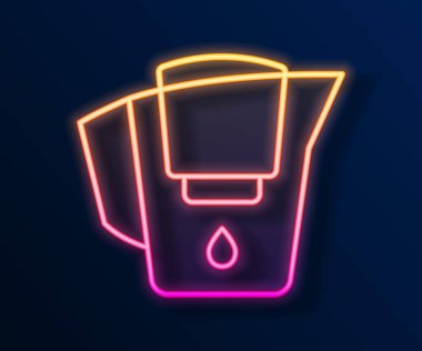 Siyah arkaplanda izole edilmiş bir filtre ikonu olan parlak neon hattı su testisi. Vektör