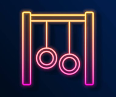 Parlayan neon çizgisi jimnastik halkaları simgesi siyah arkaplanda izole edildi. Yüzüklü ip asılı oyun alanı ekipmanları. Vektör