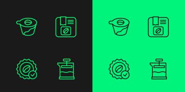 Fransız basını, kahve madalyası, bardağı taşıran damla ve fasulye ikonu. Vektör