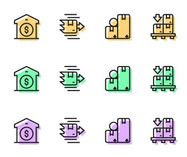 Karton karton kutu, depo fiyatı ve karton kutu palet simgesini ayarla. Vektör