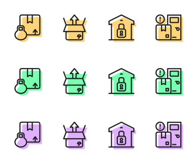 Satır Kapalı Depo, Karton Karton Kutu, Kutu Açma ve Ev Teslim Hizmeti ikonu. Vektör