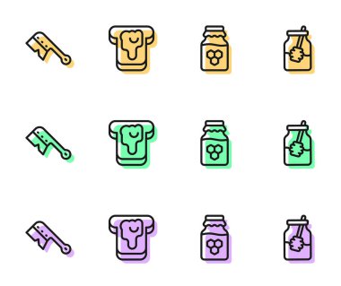 Kavanoz dolusu bal, arıcılık fırçası, ekmek ve dipper çubuğu ikonu. Vektör