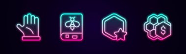 Sıralı Beekeeper eldiveni, Arı, Bal peteği ve bal peteği satışı hakkında kitap. Parlayan neon ikonu. Vektör