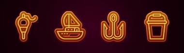 Olta ipi, yat, yelkenli, olta ve kova. Parlayan neon ikonu. Vektör