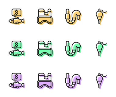 Hat Worm, balıklar için fiyat etiketi, dalış maskesi ve balıkçı şamandırası simgesi. Vektör