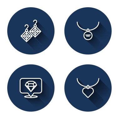 Çizgili küpeler, kolyede madalyon, uzun gölgeli kalp şeklinde elmas ve kolye. Mavi daire düğmesi. Vektör