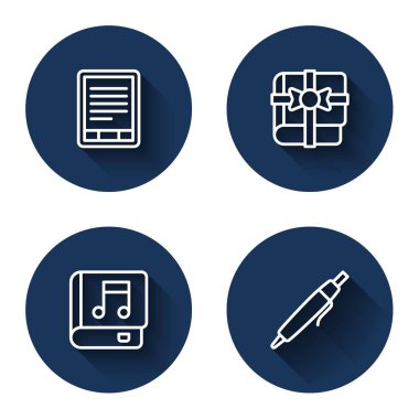 Hediye olarak E-Book okuyucusu, sesli kitap ve uzun gölgeli kalem ayarla. Mavi daire düğmesi. Vektör