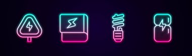 Hat yüksek voltaj, elektrik hakkında kitap, LED ampul ve buzdolabı. Parlayan neon ikonu. Vektör