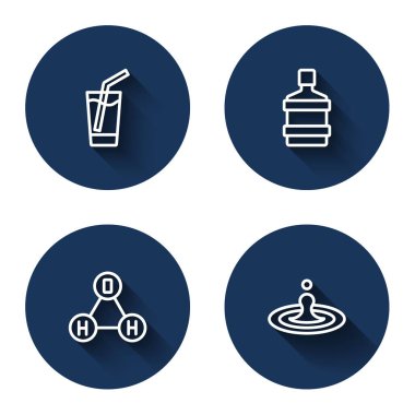 Bardağı suyla doldurun, büyük şişe temiz, kimyasal formül H2O ve uzun gölgeli su damlası. Mavi daire düğmesi. Vektör