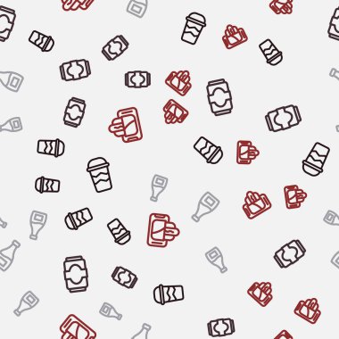 Sıralı kahve fincanını paket yap, gazoz kutusu, sos şişesi ve yiyecek siparişini sorunsuz bir şekilde ver. Vektör