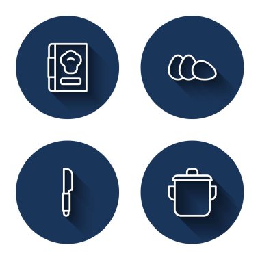 Sabit çizgi yemek kitabı, tavuk yumurtası, bıçak ve uzun gölgeli tencere. Mavi daire düğmesi. Vektör