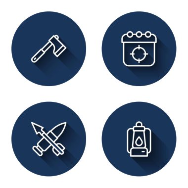 Tahta balta, hedef sporu okla çapraz mermi ve uzun gölgeli kamp feneri. Mavi daire düğmesi. Vektör