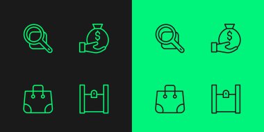 Kağıt alışveriş çantası, büyüteç ve para ikonu. Vektör