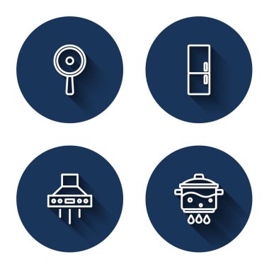 Hattı, kızartma tavasını, buzdolabını, mutfak vantilatörünü ve uzun gölgeli tencereyi ateşe verin. Mavi daire düğmesi. Vektör