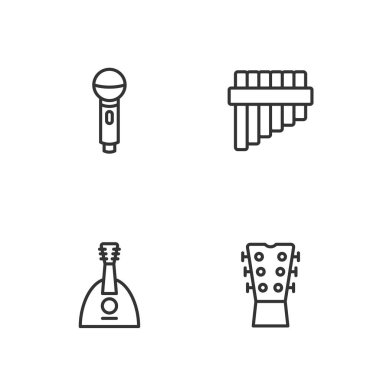 Gitar yakası, Balalaika, Mikrofon ve Pan flüt ikonu. Vektör