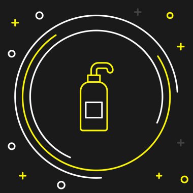 Siyah zemin üzerinde izole edilmiş şeker ikonu olan sıvı antibakteriyel sabun hattı. Antiseptik. Dezenfeksiyon, hijyen, cilt bakımı. Renkli taslak konsepti. Vektör