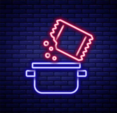 Parlayan neon hattı tuğla duvarda izole edilmiş tencere ve baharat ikonu. Haşlama ya da güveç besin sembolü. Renkli taslak konsepti. Vektör