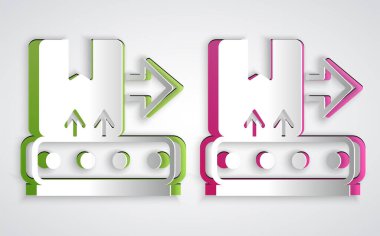 Kağıt kesiği taşıma bandı ve gri arkaplanda karton kutu simgesi var. Kağıt sanatı tarzı. Vektör