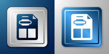 Beyaz Restoran Kafe menüsü simgesi mavi ve gri arka planda izole edildi. Gümüş ve mavi kare düğme. Vektör