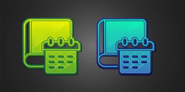 Siyah arkaplanda yeşil ve mavi günlük not defteri simgesi var. Vektör