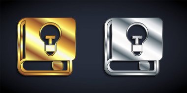 Siyah arkaplanda altın ve gümüş kullanıcı elle simgesi izole edildi. Kullanıcı rehberi kitabı. Talimat işareti. Kullanmadan önce oku. Uzun gölge tarzı. Vektör