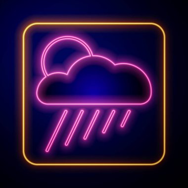 Siyah zemin üzerinde yağmur ve güneş ikonu olan parlayan neon bulutu. Yağmur damlaları ile yağmur bulutu yağışı. Vektör