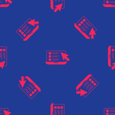 Kırmızı Online test, test, araştırma ya da kontrol listesi simgesi mavi arkaplanda izole edilmiş pürüzsüz desen. Sınav listesi. E-eğitim konsepti. Vektör