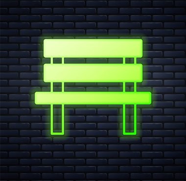 Parlayan neon benç simgesi tuğla duvar arka planında izole edilmiş. Vektör