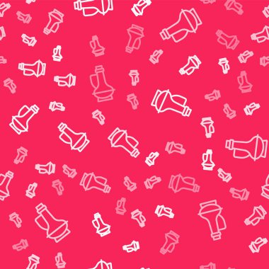 Beyaz çizgili zeytinyağı ikonu kırmızı arka planda izole edilmiş. Zeytinyağı ikonlu sürahi. Vektör