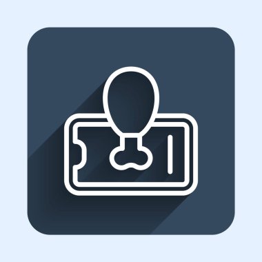 Mobil ikon üzerindeki beyaz çizgi yiyecek siparişi uzun gölge arkaplanı ile izole edildi. Cep telefonuyla sipariş verin. Restoran yemek teslimatı konsepti. Mavi kare düğme. Vektör