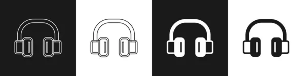 Définir l'icône casque isolé sur fond noir et blanc. Ecouteurs. Concept d'écoute de musique, de service, de communication et d'opérateur. Vecteur — Image vectorielle