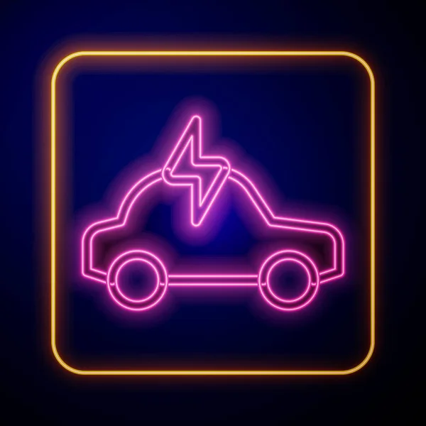 Glowing neon Listrik mobil dan kabel listrik pengisian ikon terisolasi di latar belakang hitam. Teknologi ekologi terbarukan. Vektor - Stok Vektor