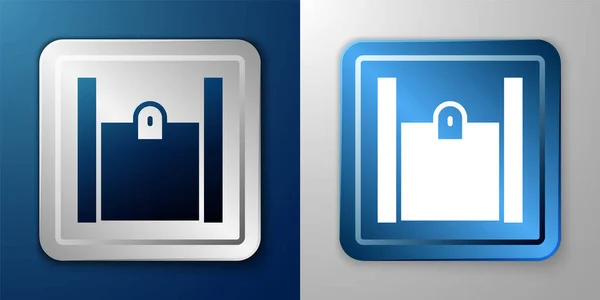 White Paper Einkaufstasche Symbol isoliert auf blauem und grauem Hintergrund. Paketschild. Silberne und blaue quadratische Taste. Vektor — Stockvektor