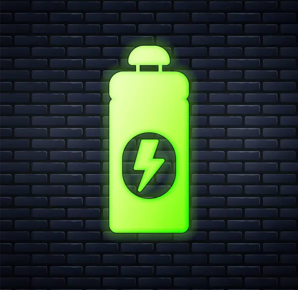 Gloeiende neon Fitness shaker pictogram geïsoleerd op bakstenen muur achtergrond. Sportshaker fles met deksel voor water en proteïne cocktails. Vector — Stockvector