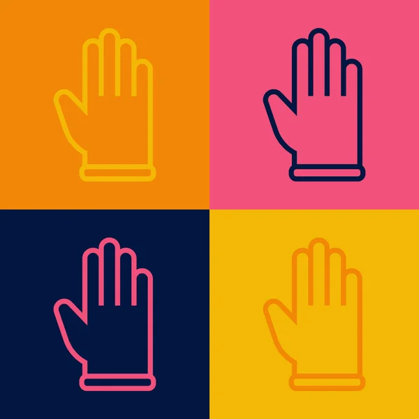 Pop art line Rubber handschoenen pictogram geïsoleerd op kleur achtergrond. Latex handbescherming. symbool voor huishoudelijke schoonmaakmiddelen. Vector — Stockvector
