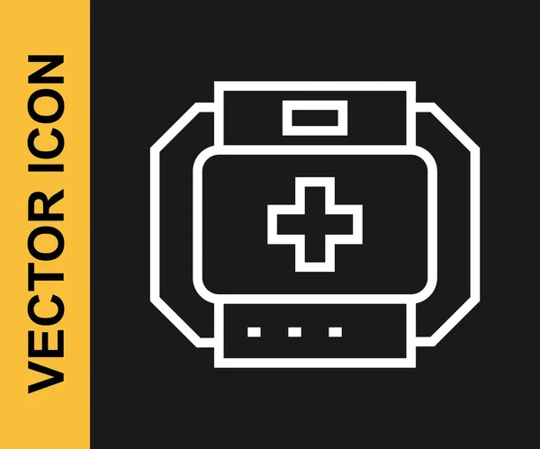 화이트 라인 응급 키트 아이콘은 검은 배경에서 분리되었습니다. 십자가가 있는 의료 상자. 응급 의료 장비. 건강 관리 개념. Vector — 스톡 벡터
