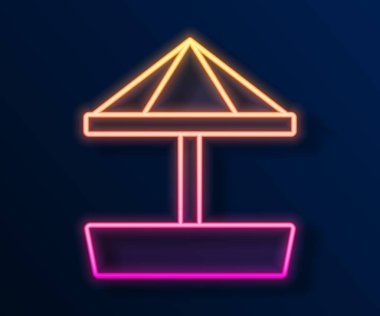Siyah arka planda izole edilmiş kum ve şemsiye ikonu olan çocuklar için parlak neon hattı Sandbox. Vektör