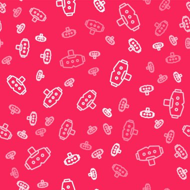 Beyaz çizgi Sanal gerçeklik gözlüğü simgesi kırmızı arkaplanda izole edilmiş kusursuz desen. Stereoskopik 3D VR maskesi. Optik baş monte edildi. Vektör