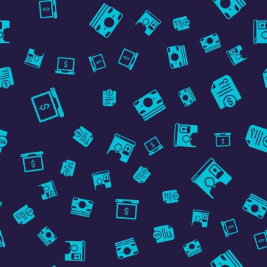 Dizüstü bilgisayarı dolar, kontrat parası, kağıt para yığını ve video sohbet konferansını kusursuz bir şablona ayarla. Vektör