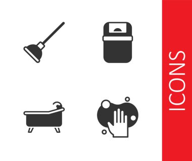 Sünger, plastik pompa, küvet ve çöp tenekesi ikonu hazırla. Vektör